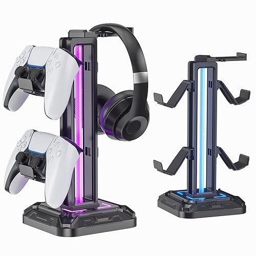 KDD Headset Stand with Light Modes - Controller Holder for Desk - Rotatable Headphone Stand & Detachable Controller Hook for PC Earphone Accessories(Black) - Black