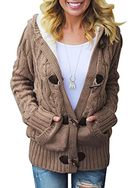 Dokotoo Womens 2023 Winter Hooded Cardigans Button Up Cable Knit Sweater Coat Outerwear with Pockets