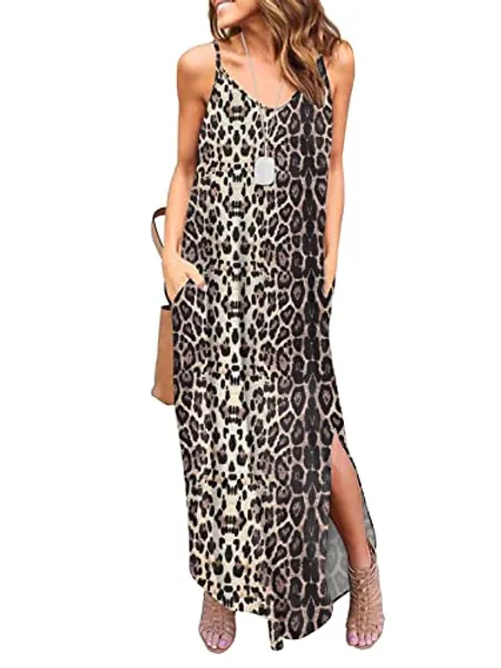 HUSKARY Women's Summer Casual Sleeveless V Neck Strappy Split Loose Dress Beach Cover Up Long Cami Maxi Dresses with Pocket