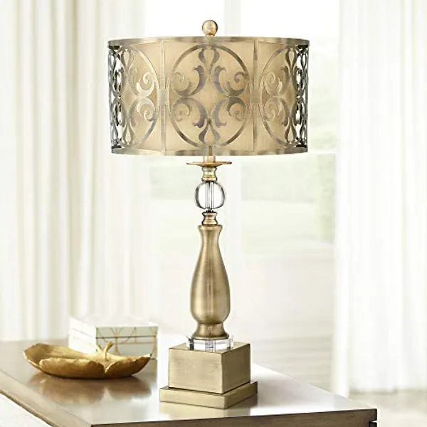 Possini Euro Design Doris Traditional Candlestick Table Lamp 30 1/2" Tall Brass Cutout Openwork Metal Outer Neutral Fabric Inner Drum Shade for Living Room Bedroom House Bedside Nightstand Office