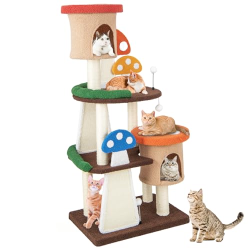 PETSITE Mushroom Cat Tree, 57.5 Inches Tall Multi-Level Cat Tower with Natural Sisal Scratching Posts & Boards, Cat Condo and Teasing Spring Ball, Cute Cat Tree Tower for Indoor Cats Large Adult - 57.5 Inches Tall