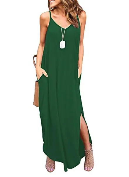 HUSKARY Women's Summer Casual Sleeveless V Neck Strappy Split Loose Dress Beach Cover Up Long Cami Maxi Dresses with Pocket