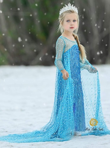 Girls Frozen Inspired Elsa Dazzle Costume Gown With Train | Blue / 3T