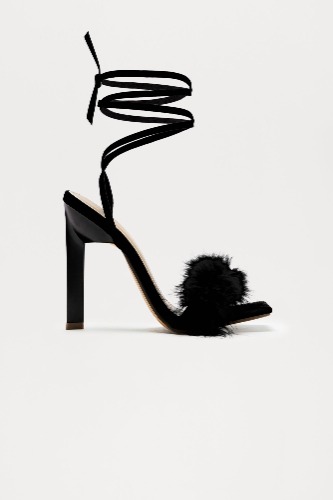 Aubrie Feather Wrap Up Heels - Black