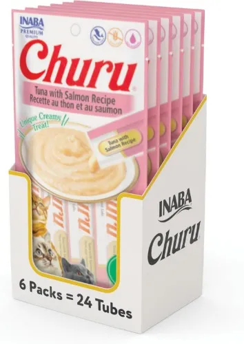 Inaba Churu Premios para Gato Sabor Atún y Salmón, Puré Cremoso, Delicioso sabor, Caja 6 Bolsas, 24 tubos de 14 grs c/u