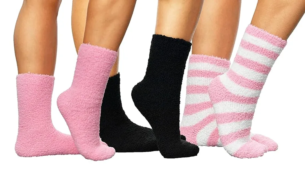 ARAD Premium Soft Warm Microfiber Fuzzy Socks-Multi Color- 3 Pairs- Striped Baby Pink, Black and Solid Baby Pink