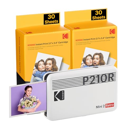 KODAK Mini 2 Retro 4PASS Impresora de Fotos Portátil (5,3x8,6cm) + Pack con 68 Hojas, Blanco - Impresora + Pack con 68 Hojas - Blanco