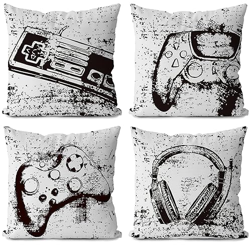 Likjad Gamer Pillow Covers 18x18 Set of 4,Gamer Room Decor for Boys,Gaming Pillow Covers,Boys Room Decor,Gamer Pillow Cover for Game Room Sofa Couch,Gaming Decor for Boys Room(Gamepad) - Gamer White Black Set of 4