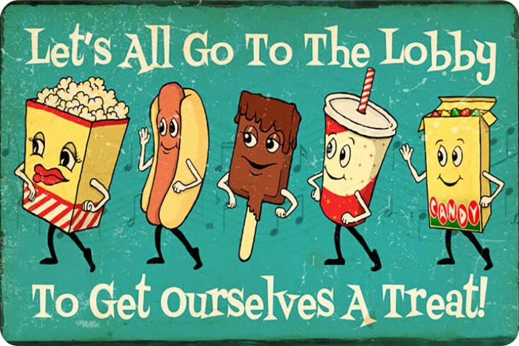 Cute Movie Theatre Gaming Room Snacks Sign - Let's All Go To The Lobby Vintage Wall Decor 12" * 8" (031) - Green
