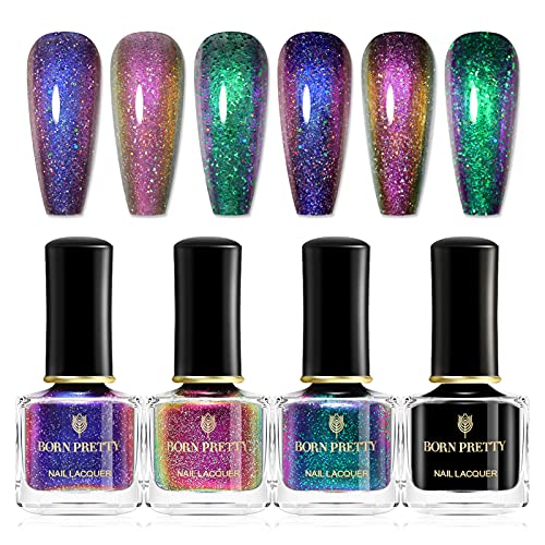 Born Pretty Chameleon Nail Polish Set Holographic Glitter Polish Sparkle Shimmer Nail Art Polish with Black Nail Polish Multicolored Nail Art Varnish 4 Bottles - Chameleon Set