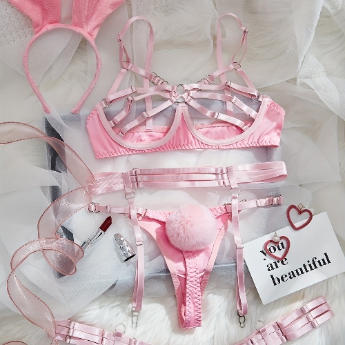 Erotic Strappy Lingerie Set, Cut Out Ring Linked Bra &amp; Pompom Decor Thong &amp; Garter Belt, Women's Sexy Lingerie &amp; Underwear