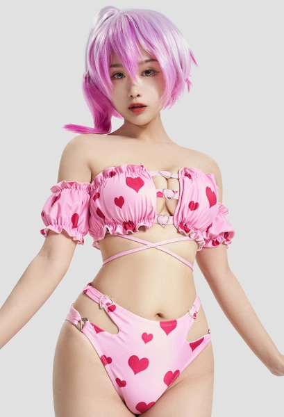 Miccostumes Swimsuits for Women Heart Pattern Swimwear Sexy Bathing Suit Tube Top and Panty Bikini Sets