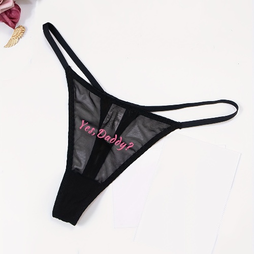 Letter Print Mesh Thongs, Breathable &amp; Comfy Semi-sheer Intimates Panties, Women's Lingerie &amp; Underwear