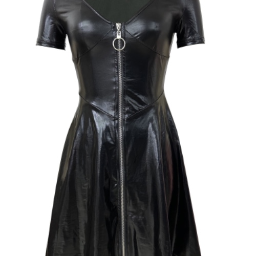Zipper Plunging Pu Dress, Sexy Short Sleeve Ruched Club Dress, Women's Clothing
