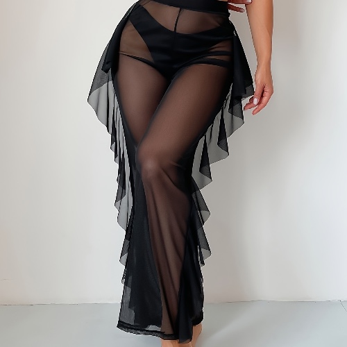 Ruffled See Through Mesh Pants, High Waisted Plain Black Beach Cover Up Pants, Women's Swimwear &amp; Clothing