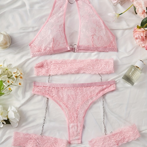 Floral Lace Lingerie Set With Heart Ring Halter Bra, Mesh Thong, And Garter Belt - Sexy Underwear For A Romantic Night