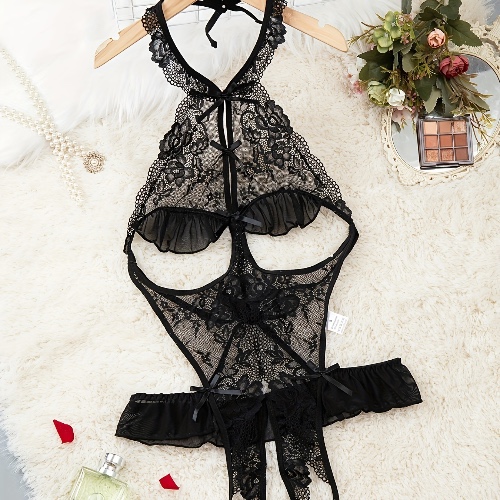 Sexy Floral Lace Open Crotch Teddy - Halter Lace Up Ruffle Bodysuit for Women's Lingerie &amp; Underwear