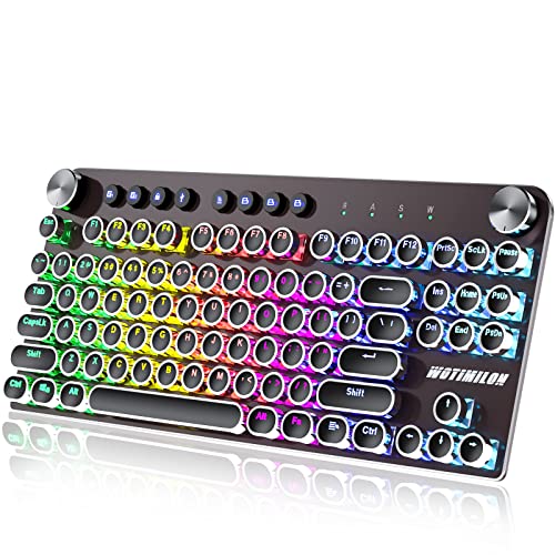 Wireless Typewriter Keyboard Mechanical TKL, 2.4G/BT5.0/Wired WM87 Retro Vintage Gaming Keyboard Typewriter Style with Punk Round Keycaps True RGB Backlit and 2 Control Knobs, Clicky Switch, Win/Mac - Blue Switch - Black