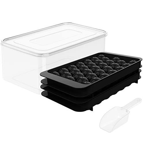 Round Ice Cube Tray with Lid Ice Ball Maker Mold for Freezer with Container Mini Circle Ice Cube Tray Making 66PCS Sphere Ice Chilling Cocktail Whiskey Tea Coffee(2 Black Trays 1 ice Bucket & Scoop) - Black