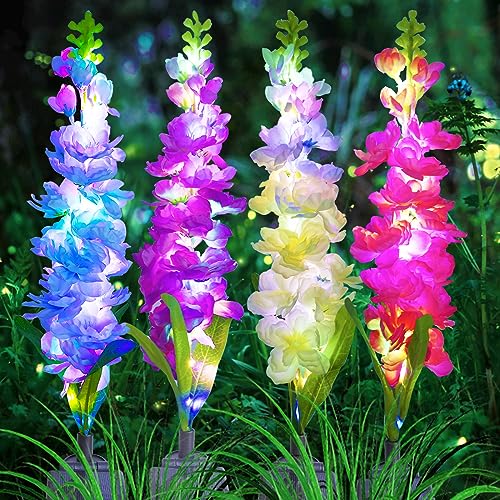 Solar Garden Lights, Solar Delphinium Flowers Lights 4 Pack 80 LEDs, Waterproof Solar Outdoor Lights Two Lighting Modes for Outside Wedding Party Garden Yard Patio Lawn Decor and Gift for Women - 4 Pack