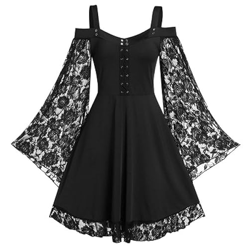 Gothic Vintage Lace Patchwork Women Dress Plus Size Goth Bandage Ladies Spaghetti Strap Dresses - 3X-Large - Black
