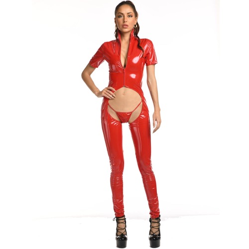 Plus Size Latex Catsuit Zip-Up - Red / 3XL