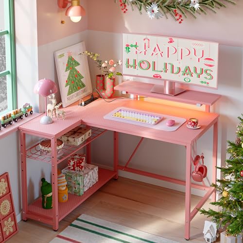 Bestier Gaming Desk with Power Outlets,42 LED Small Corner Computer Desk with Reversible Storage Shelves,L Shaped Desk with Hooks Workstation Desk for Office and Bedroom,Pink Carbon Fiber - 42 inch - Carbon Fiber Pink