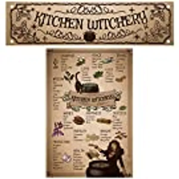 Ferraycle 2 Pieces Halloween Vintage Kitchen Witchery Poster Witches Aluminum Wall Decor Halloween Witchcraft Supplies for Vintage Wall Bar Art Wall Living Room Cafe Store Decor