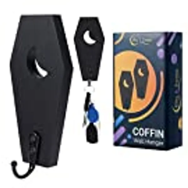 Ella & Emma Wall Mounted Coffin-Shaped Key Holder - Gothic Home Decor Wall Hanger with Hook - Wall Coffin Key Holder with Crescent Moon Cutout - Gothic & Spooky Halloween Decor for Home - 2 Pieces