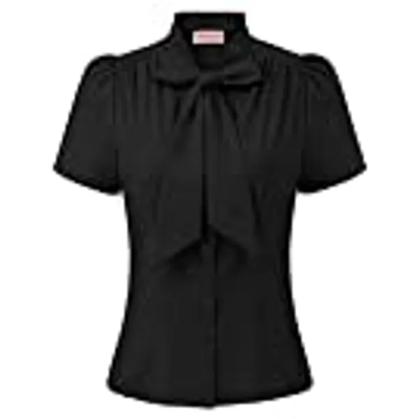 Belle Poque Summer Short Sleeve Office Button Down Blouse Stripe Shirt Tops with Bow Tie BP573