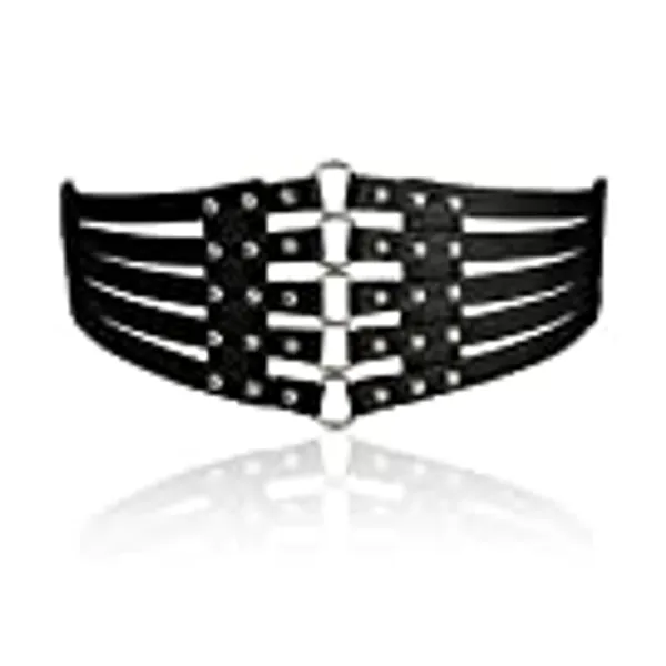 Fashion Women's PU Leather Wide Waist Belt Hollow Out Rivets Stretch Cinch Waistband