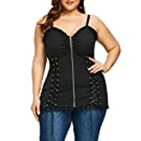 Nihsatin Women's Plus Size Lace up Ribbed Tops Casual T-Shirts Gothic Corset Top