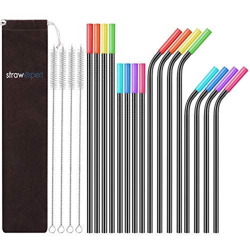 StrawExpert 16 Pack Black Reusable Metal Straws with Silicone Tip & Travel Case & Cleaning Brush,Long Stainless Steel Straws Drinking Straw for 20 and 30 oz Tumbler - Black