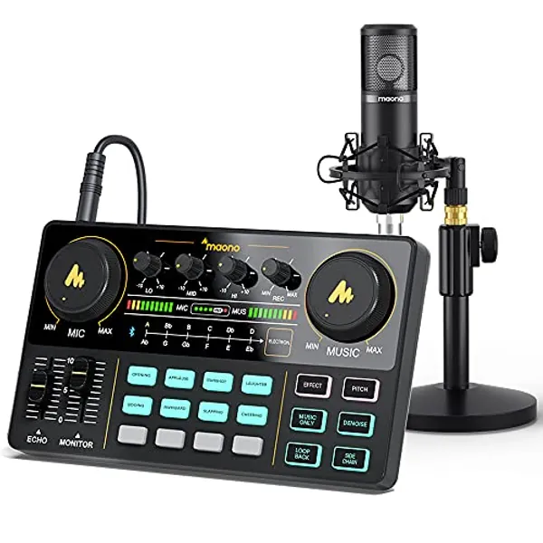 MAONO Podcast Equipment Bundle MaonoCaster Lite Audio Interface All-in-One Podcast Production Studio with 25mm Large Diaphragm Microphone for Live Streaming, Recording, PC, DJ (AU-AM200-S4 Black)