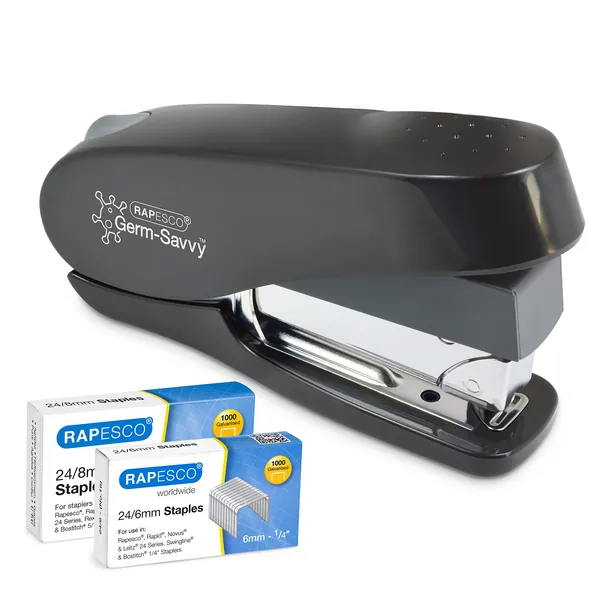 Rapesco 1466 Germ-Savvy Antibacterial Luna-Less Effort ECO Front Loading Stapler & 2,000 Staples, 50 Sheets Capacity, Black
