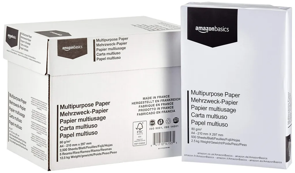 Amazon Basics Multi-purpose Copy Printer Paper, A4 80gsm, 5 Reams (2,500 Sheets), White