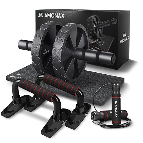 Amonax Convertible Ab Wheel Roller with Large Knee Mat for Core Abs Rollout Exercise. Double Wheel Set with Dual Fitness Strength Training Modes at Gym or Home - Black 3 in 1 Combi Set