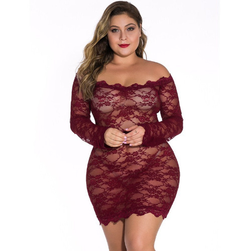 Plus Size Long Sleeve See-Through Jumpsuit seductive Lingerie - 3XL / Jujube Red