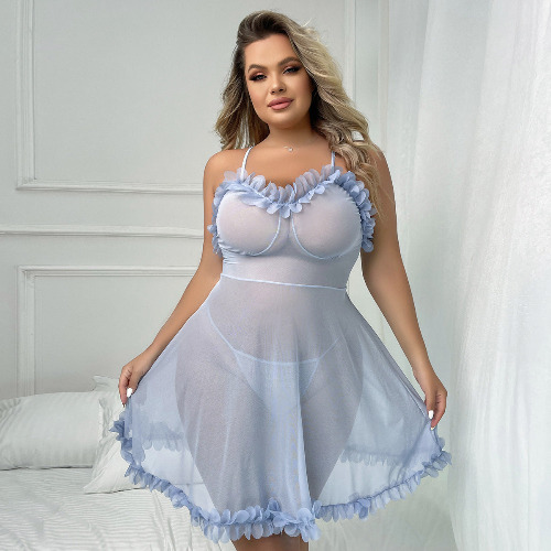 Plus Size Popular Sling Sleepwear One Piece See-Through - 3XL / Blue