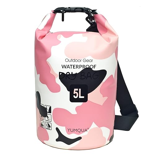 YUMQUA Waterproof Dry Bag Backpack 5L/10L/20L/30L/40L, Roll Top Floating Waterproof Storage Bags for Kayaking, Boating, Swimming, Hiking, Camping and Fishing - Camouflage Pink - 5L