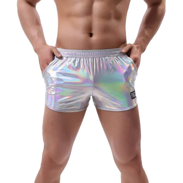 Men's Soft Stretchy Holographic Shiny Metallic Swim Boxer Briefs Trunks Shorts Hot Pants Bikini Swimsuit Stage Clubwear