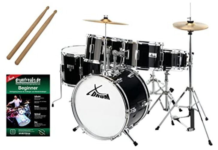 XDrum Junior Pro Kinder Schlagzeug Black - geeignet von 5-9 Jahren - Drumset mit komplettem Zubehör - inkl. Schule - Schwarz - Schwarz - Single