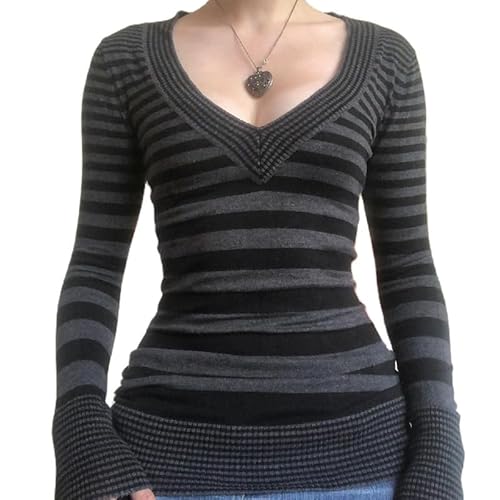 Y2K Striped Long Sleeve Slim Tops Color Block Square Collar Harajuku Tee Aesthetic Autumn Winter 90s Shirts - Large - Q Gray 2