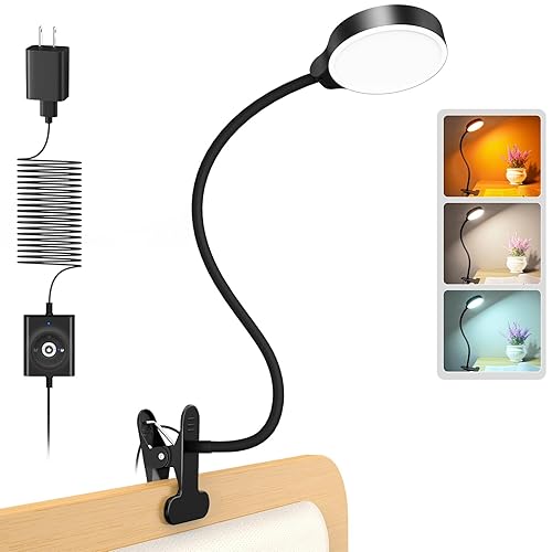 Glocusent 5W Clip on Light, 36LED Eye Caring Reading Light for Bed, 3 Colors & 5 Brightness Clip on Lamp with Adapter, Perfect Reading Light for Bed Lamp/Bunk Bed Light - Black