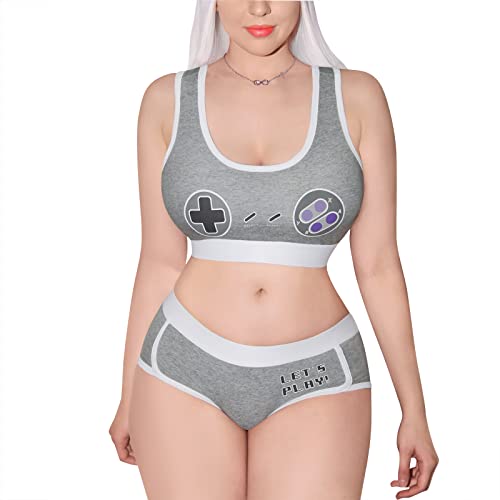 LittleForBig Damen Baumwolle Camisole und Höschen Sport Loungewear Bralette Set - Let's Play Gamer Girl - Mehrfarbig - S