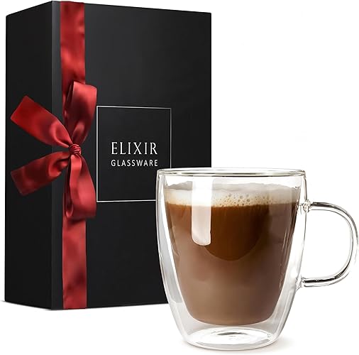 ELIXIR GLASSWARE 16 oz Large Double Wall Coffee Mug - Double Wall Glass Coffee Cup - Large Coffee Mug, Insulated Coffee Mug with Handle for Hot Drinks, 1 pack - 16 oz - Coffee - 1 Count