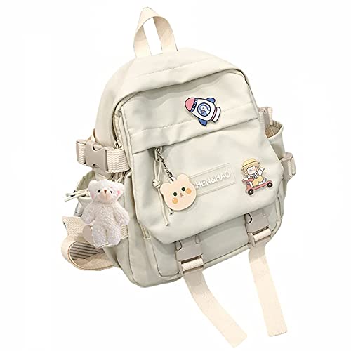 PEXIZUAN kawaii backpack girl school bag waterproof nylon with kawaii pendant cute pin mini backpack(white) - White