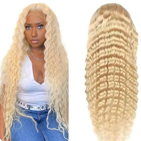 Hxxcoup Perruque Bresilienne Cheveux Humain Hair Wig Deep Wave 4x1 Lace Wigs Lace Frontal Wig Blonde Perruque Glueless Wig with Baby Hair 100% Unprocessed Virgin Remy Hiar 22 Pouce