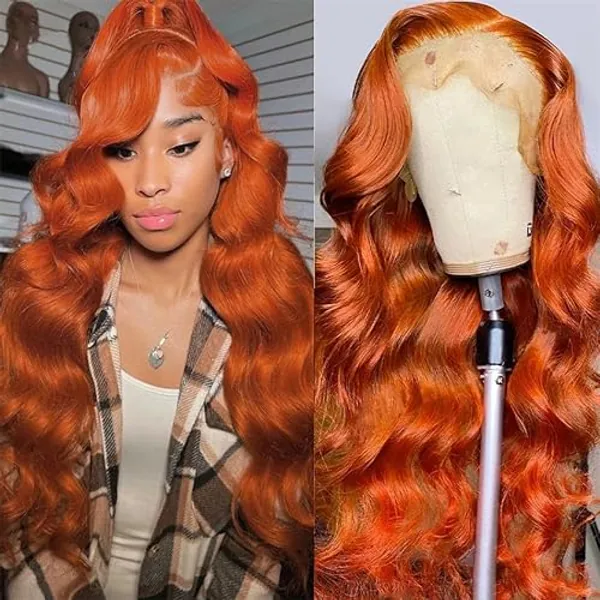 Perruque frontale en cheveux humains ondulés - Orange Ginger - 13 x 4 - Densité de 150 % - Cheveux brésiliens pré-bouclés - 61 cm