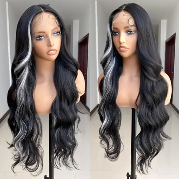 X-Tress 28" Skunk Stripe Perruque Ondulee Naturelle pour Femme Highlight Lace Front Wig Cheveux Meche Souple Longue Perruque Romantic(White Skunk)